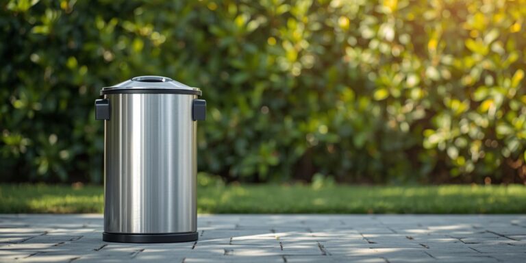 a clean, fresh garbage bin outdoors with greenery in the background.