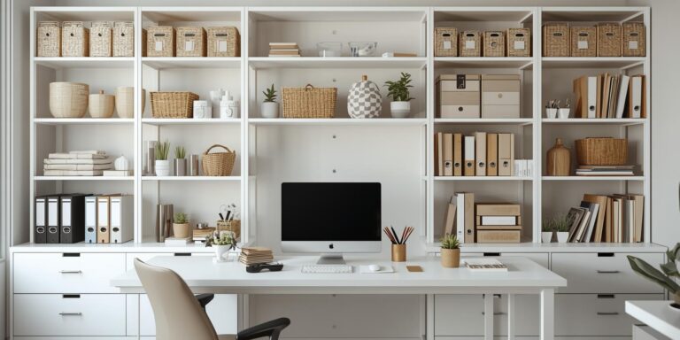 a neatly arranged work space with open shelves and organized storage.