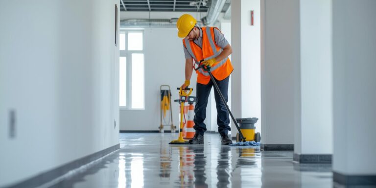 a professional german cleaner doing cleaning in a construction site