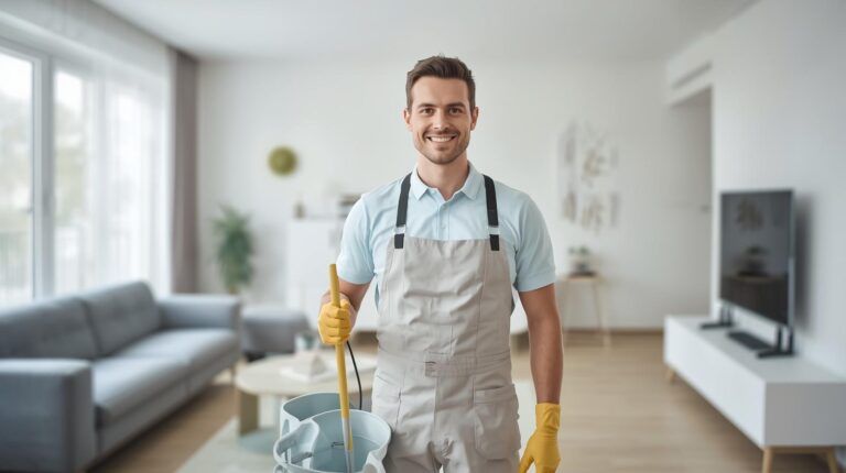 stock photo of a male professional german cleaner with equipment in a clean apartment