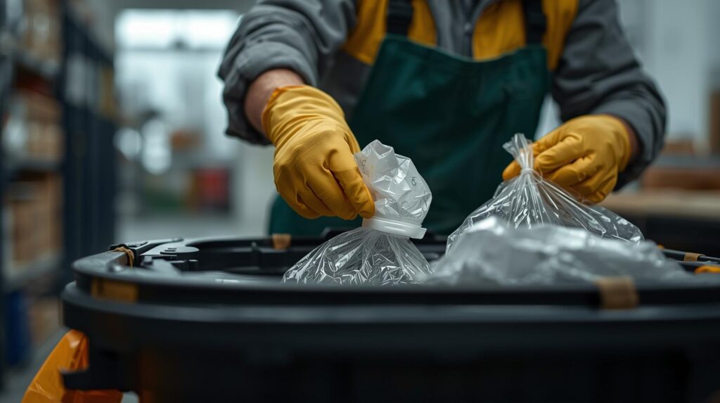 an upclose image of a german cleaner dispoaing a trash can