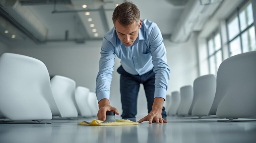 an upclose image showing a german man cleaning a neat office