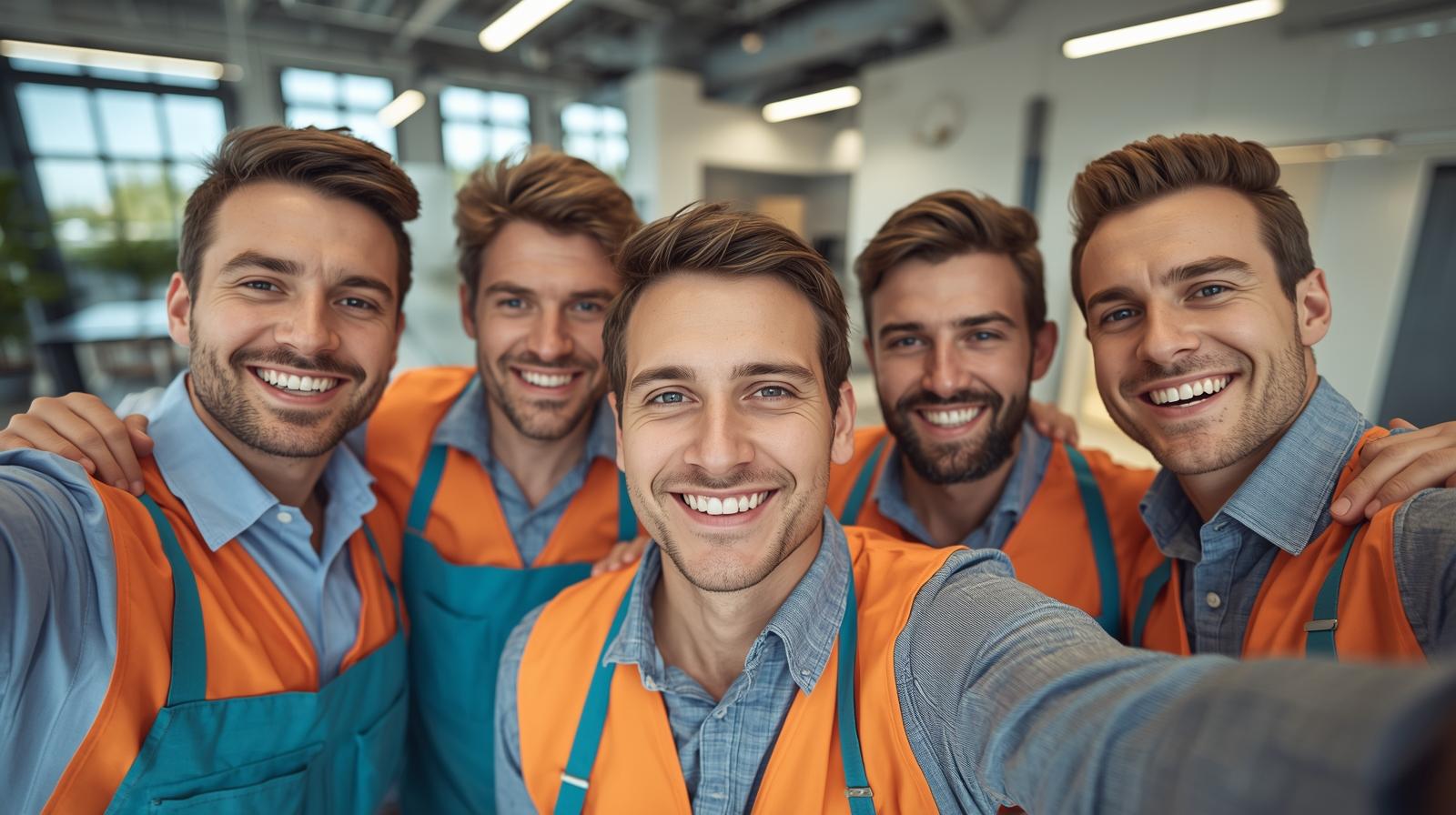 make a photo of 5 happy german cleaning workers smiling and possing for a selfie