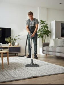 professional male germán cleaner doing cleaning in a living room with a vacum cleaner