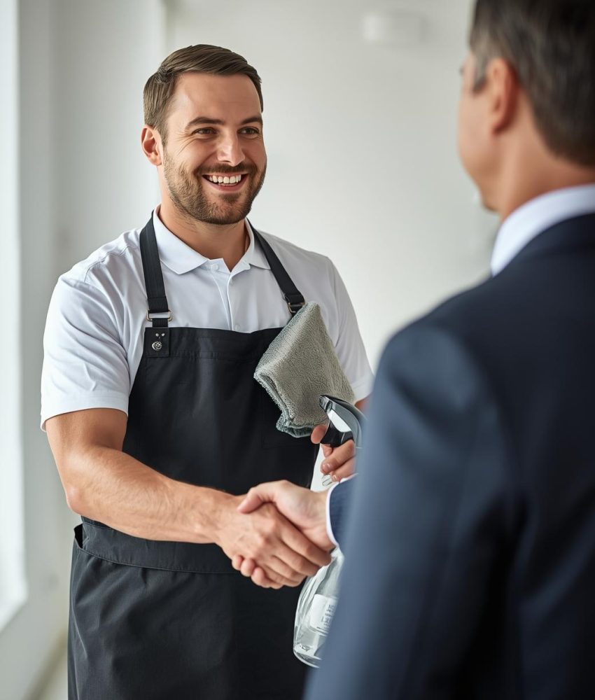 a male professional german cleaner holding cleaning tools giving an hand shake to a happy male client